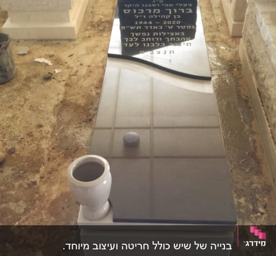 מצבה שחורה עם כיתוב בעברית על רקע אבן